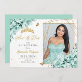 Mint Groen & Goud Quinceañera Sla de datum Foto Kaart (Voorkant / Achterkant)