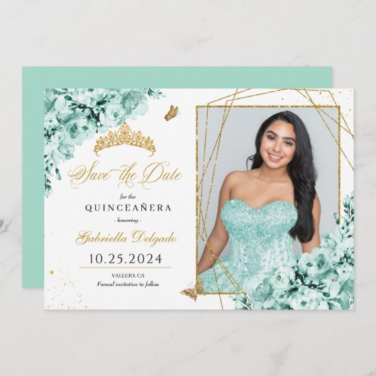 Mint Groen & Goud Quinceañera Sla de datum Foto Kaart (Voorkant / Achterkant)