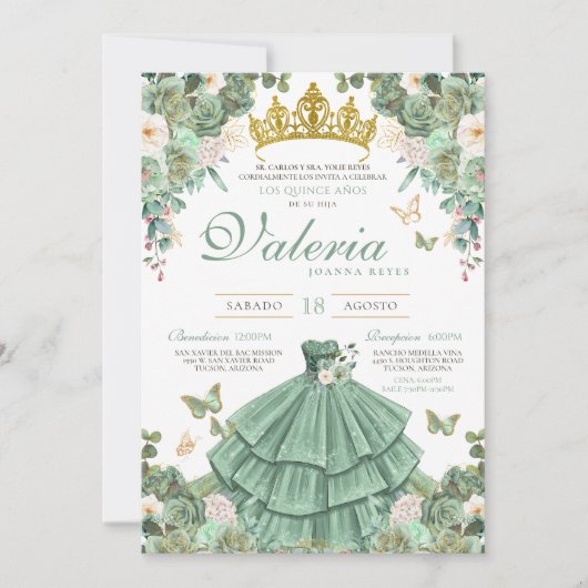 Mint Groen Goud Roos Elegant Princess Quinceanera Kaart (Voorkant)