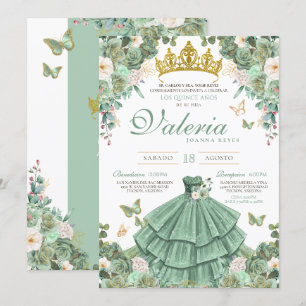 Mint Groen Goud Roos Elegant Princess Quinceanera Kaart