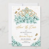 Mint Groen & Goud Tiara Bewaar de datum Quinceañer Kaart (Voorkant)