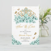 Mint Groen & Goud Tiara Bewaar de datum Quinceañer Kaart (Staand voorkant)