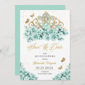 Mint Groen & Goud Tiara Bewaar de datum Quinceañer Kaart (Voorkant / Achterkant)