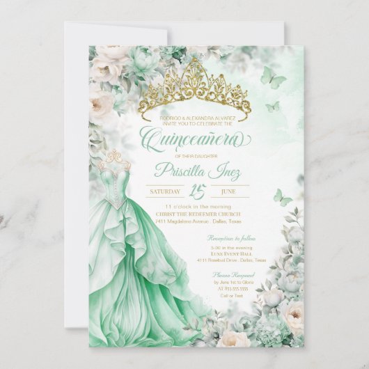 Mint Groen Goud Vlinder Prinses Quinceañera Kaart (Voorkant)