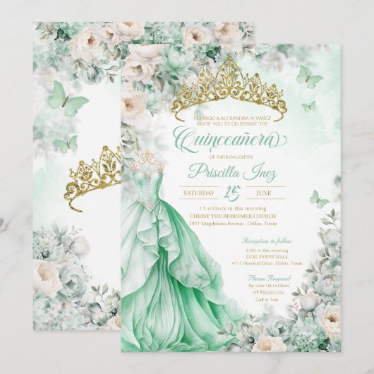 Mint Groen Goud Vlinder Prinses Quinceañera Kaart (Voorkant / Achterkant)