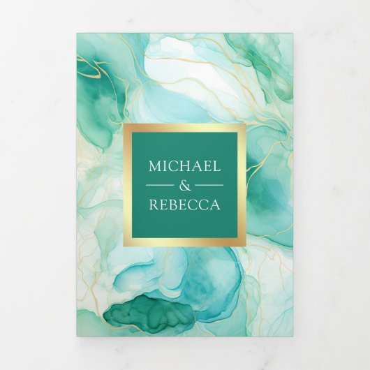 Mint Groen Goud Vloeibare Inkt QR Code Bruiloft Drieluik Uitnodiging (Cover)