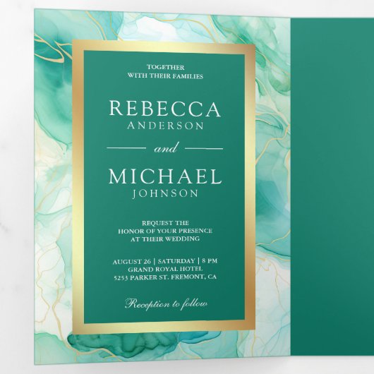 Mint Groen Goud Vloeibare Inkt QR Code Bruiloft Drieluik Uitnodiging (Binnenzijde eerst)