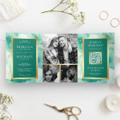 Mint Groen Goud Vloeibare Inkt QR Code Bruiloft Drieluik Uitnodiging
