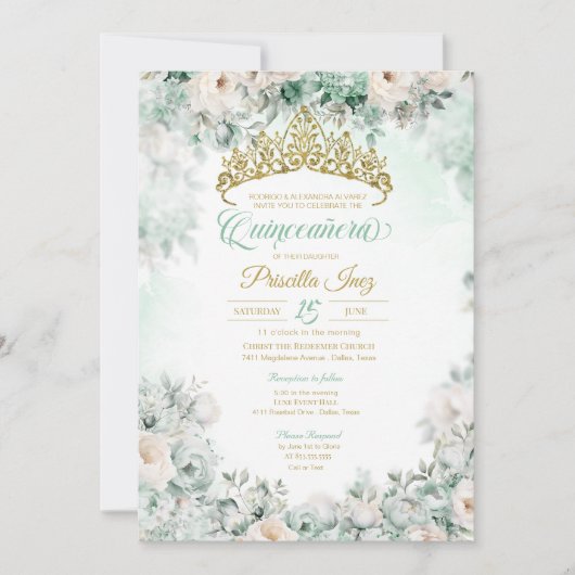 Mint Groen & Goud Waterverf Bloemen Quinceañera Kaart (Voorkant)