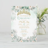 Mint Groen & Goud Waterverf Bloemen Quinceañera Kaart (Staand voorkant)