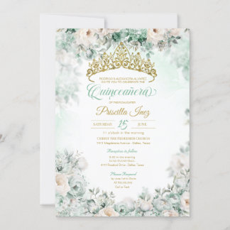 Mint Groen & Goud Waterverf Bloemen Quinceañera Kaart