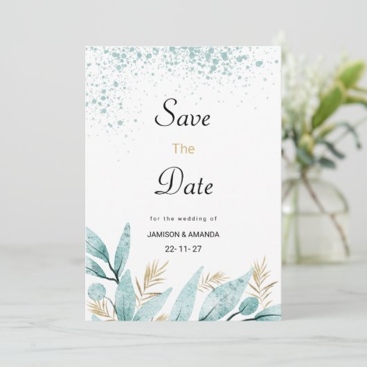 Mint groen goud waterverf gebladerte Save The Date Kaart (Staand voorkant)