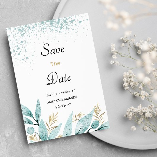 Mint groen goud waterverf gebladerte Save The Date Kaart