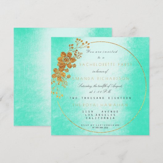 Mint Groen Gouden Bloemen Glam Bachelorette Party Kaart (Voorkant / Achterkant)