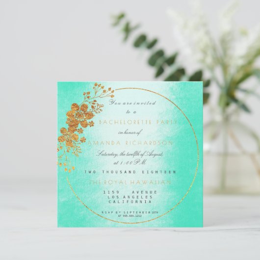 Mint Groen Gouden Bloemen Glam Bachelorette Party Kaart (Staand voorkant)