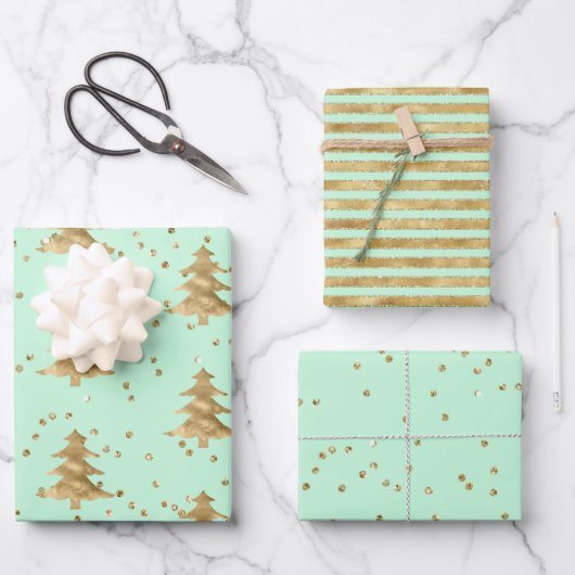  Mint Groen Gouden Kerstboom Inpakpapier Vel (Voorkant)