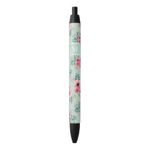 Mint Groen   Grafische Waterverf Floral Monogram Zwarte Inkt Pen