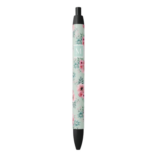 Mint Groen | Grafische Waterverf Floral Monogram Zwarte Inkt Pen (Voorkant Verticaal)