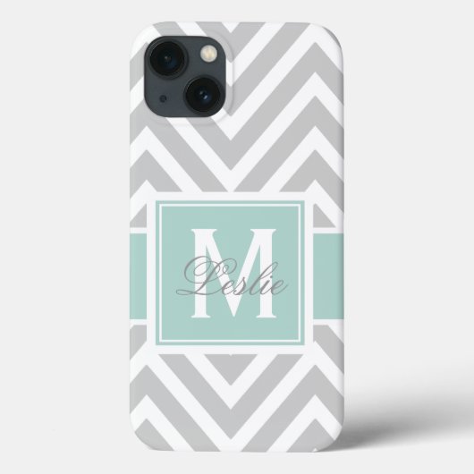 MINT GROEN, GRAY CHEVRON PATROON PERSONALISEERD Case-Mate iPhone CASE (Achterkant)
