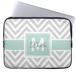 MINT GROEN, GRAY CHEVRON PATROON PERSONALISEERD LAPTOP SLEEVE