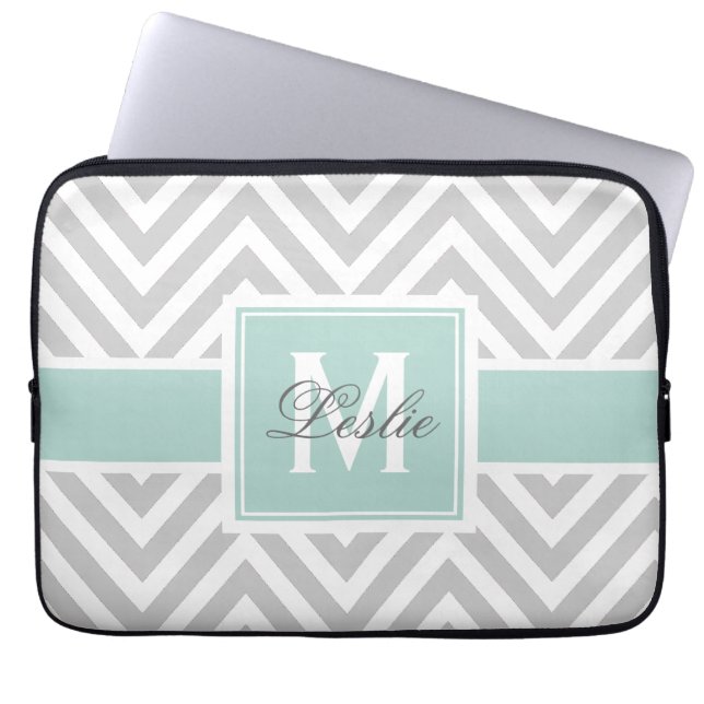 MINT GROEN, GRAY CHEVRON PATROON PERSONALISEERD LAPTOP SLEEVE (Voorkant)