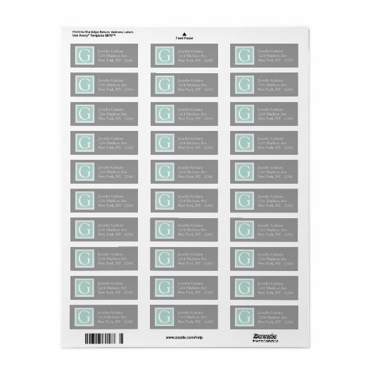 Mint Groen Grijs Eenvoudig Modern Monogram Etiket (Full Sheet)
