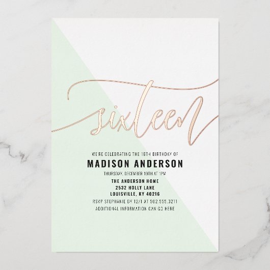 Mint Groen Kleurenblok Lief 16 Verjaardagsfeest Folie Uitnodiging (Voorkant)