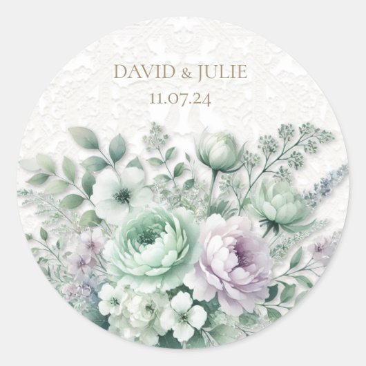 Mint Groen & Lavendel Bloemen Witte kant Trouwen Ronde Sticker (Voorkant)