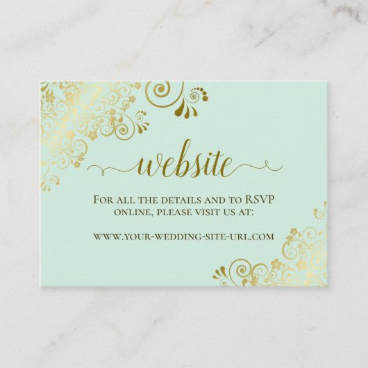 Mint Groen met Goud Bloemen Krullen Bruiloft Websi Informatiekaartje (Voorkant)