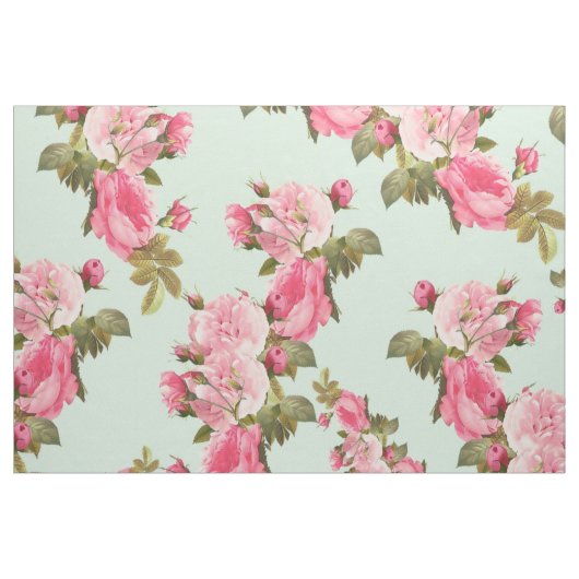 Mint Groen met Roze Bloemen Stof (Fat Quarter)