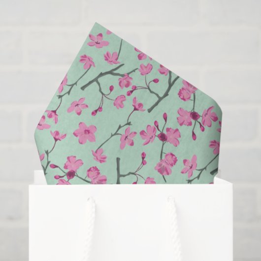 Mint Groen Met Roze Kersenbloesems Patroon Tissuepapier (Cadeauzakje)