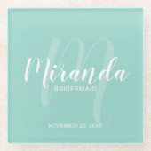 Mint Groen Modern Script Gepersonaliseerde bruidsm Glazen Onderzetter (Voorkant)