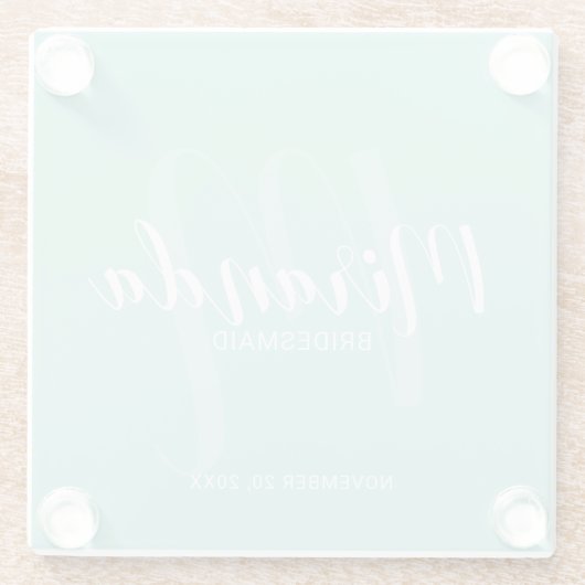 Mint Groen Modern Script Gepersonaliseerde bruidsm Glazen Onderzetter (Achterkant)