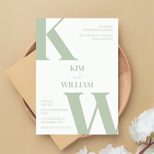 Mint Groen Monogram Trouwen Kaart