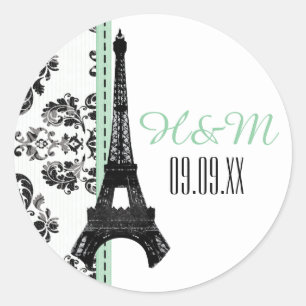 MINT GROEN Monogrammed Damask Eiffeltoren Bruiloft Ronde Sticker