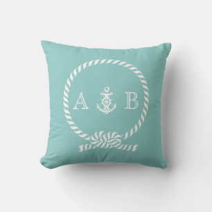 Mint groen nautisch touw en anker monogram kussen