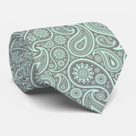 Mint-groen  Paisley Custom Grijze Achtergrond Stropdas (Opgerold)