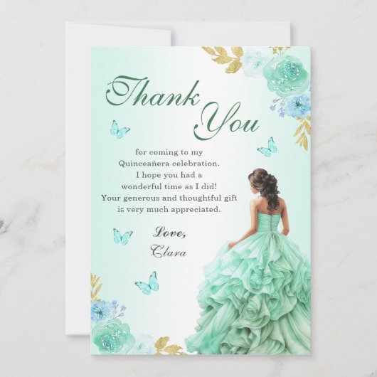 Mint Groen Prinses Jurk Quinceañera Verjaardag Bedankkaart (Voorkant)