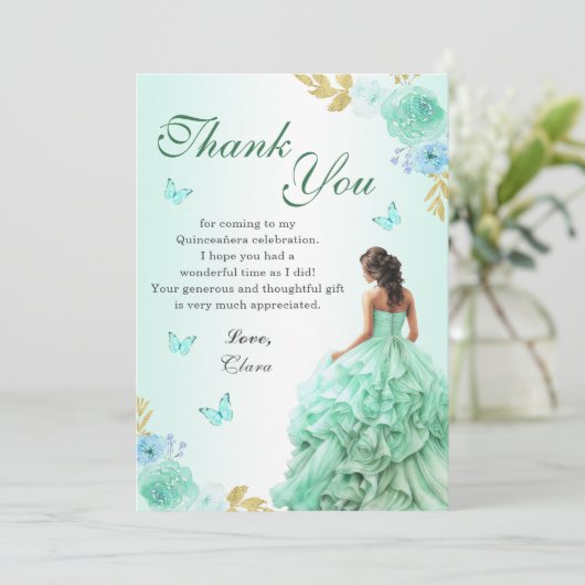 Mint Groen Prinses Jurk Quinceañera Verjaardag Bedankkaart (Staand voorkant)