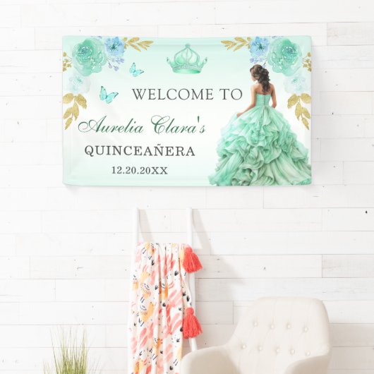 Mint Groen Prinses Jurk Quinceañera Verjaardag Spandoek (Insitu)