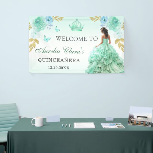 Mint Groen Prinses Jurk Quinceañera Verjaardag Spandoek (Beurs)