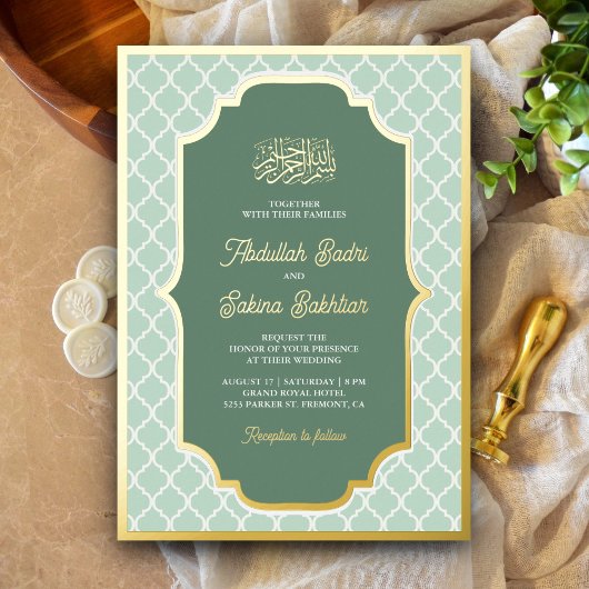Mint Groen Quatrefoil Patroon Moslim Bruiloft Goud Folie Uitnodiging