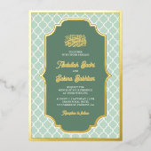 Mint Groen Quatrefoil Patroon Moslim Bruiloft Goud Folie Uitnodiging (Voorkant)