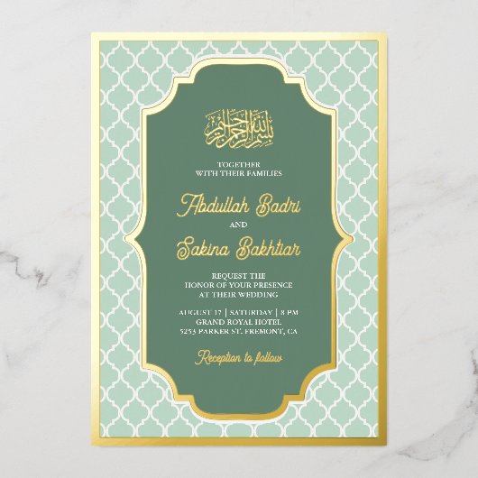 Mint Groen Quatrefoil Patroon Moslim Bruiloft Goud Folie Uitnodiging (Voorkant)