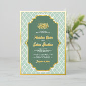 Mint Groen Quatrefoil Patroon Moslim Bruiloft Goud Folie Uitnodiging (Staand Voorkant)