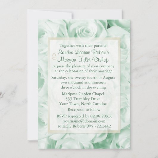 Mint Groen Roos Bloemenbruiloft Uitnodiging (Achterkant)