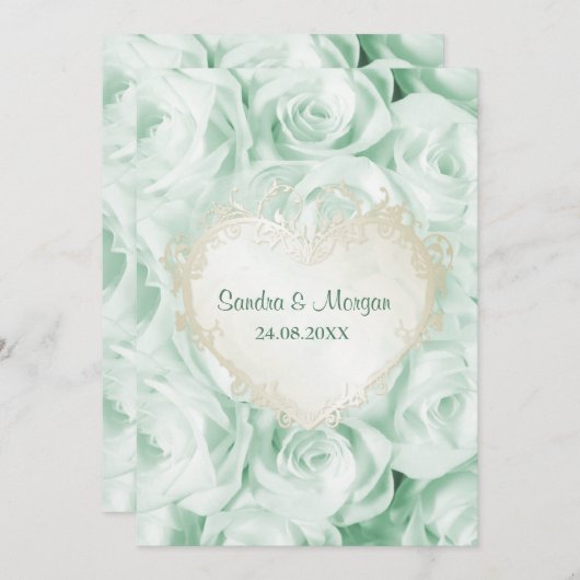 Mint Groen Roos Bloemenbruiloft Uitnodiging (Voorkant / Achterkant)