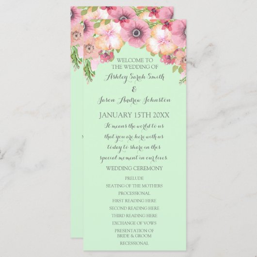 Mint Groen Roze Bloemenbruiloft Programma Programmakaart (Voorkant / Achterkant)