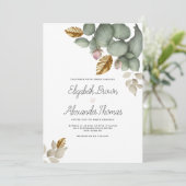 Mint groen roze gouden gebladerte bloemen bruiloft kaart (Staand voorkant)