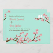 Mint Groen & Roze Kersenbloesem Moderne bruiloft Kaart (Voorkant / Achterkant)